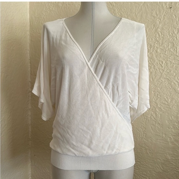 Zara White Ivory Slim Knit Surplice Dolman Short Sleeve Sweater Small - Picture 3 of 5